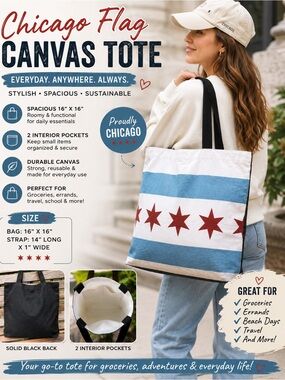 Chicago Flag Canvas Tote Bag Grocery Market Everyday Carry Bag